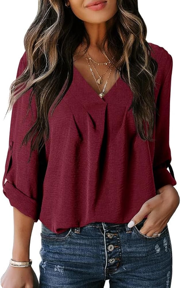 Dokotoo Women's Casual V Neck 3/4 Sleeve Basic Solid Color Cuffed Chiffon Blouses Tshirts Tunic Tops