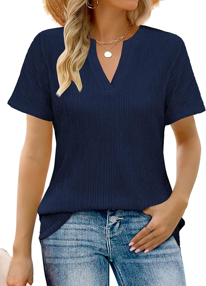 Summer Tops for Women Fashion Tshirts Short Sleeve Shirts Clothes Textured V Neck Casual Blouses