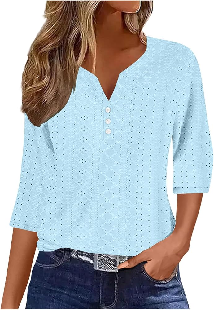 Eyelet Tops for Women 3/4 Sleeve Tshirts Plain Solid Shirts Casual Loose Tshirts Notch V Neck Tees Blouse