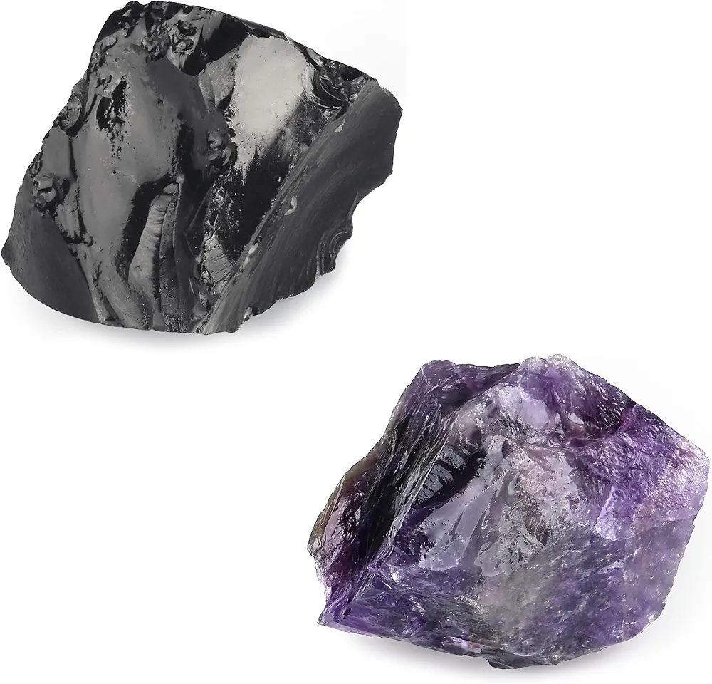 YATOJUZI Black Obsidian and Amethyst 1.6-2.2" Natural Raw Stones and Healing Crystals Large Stone Rough Crystal Rocks for Tumbling Cabbing Polishing Fountain Rocks Decoration 1PCS