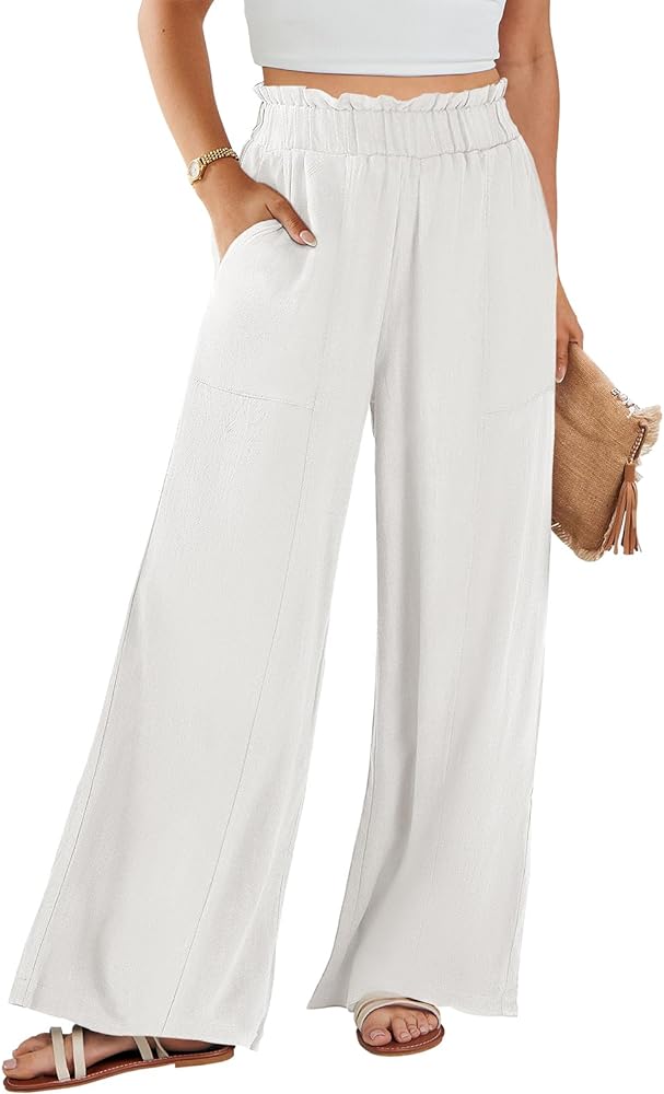 ANRABESS Womens Linen Pants 2024 Summer Casual Loose Wide Leg Palazzo Pants Spring High Waist Flowy Beach Trousers Outfits