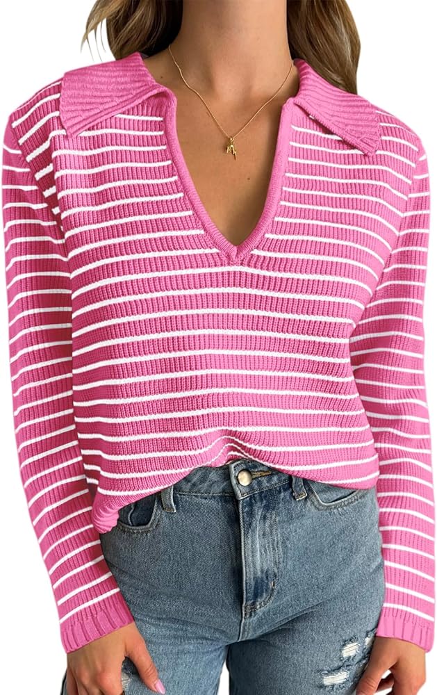 Yousify Womens Striped Sweaters 2024 V Neck Long Sleeve Tops Fall Winter Comfy Knit Clothes Pullover Sweater S-2XL