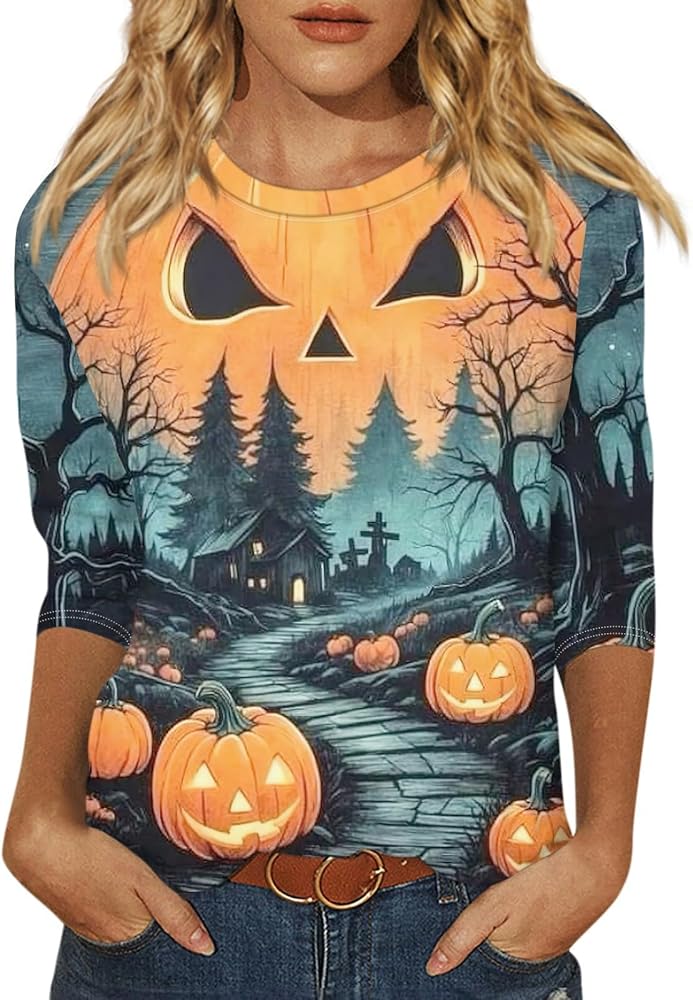 Womens Halloween Shirts 3/4 Sleeve Round Neck Tops Casual Oversized Blouse Cute Loose Fit Tunic Printed Trendy tee