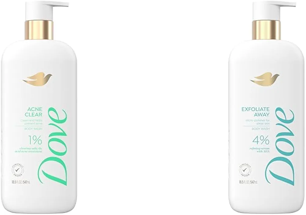 Dove Acne Clear Body Wash 1% Salicylic Acid & Exfoliate Away Body Wash 4% AHA Serum 18.5oz Each