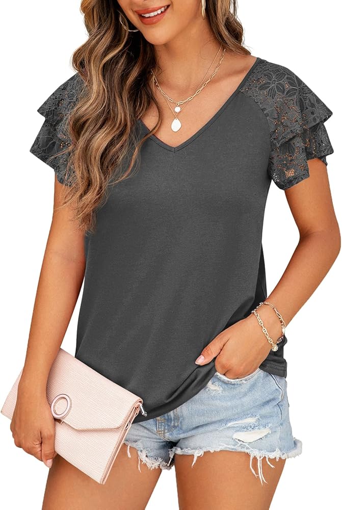 Womens Summer Tops Ruffle Sleeve with Lace Short Sleeve V Neck Shirts Casual Loose Fit T-shirts