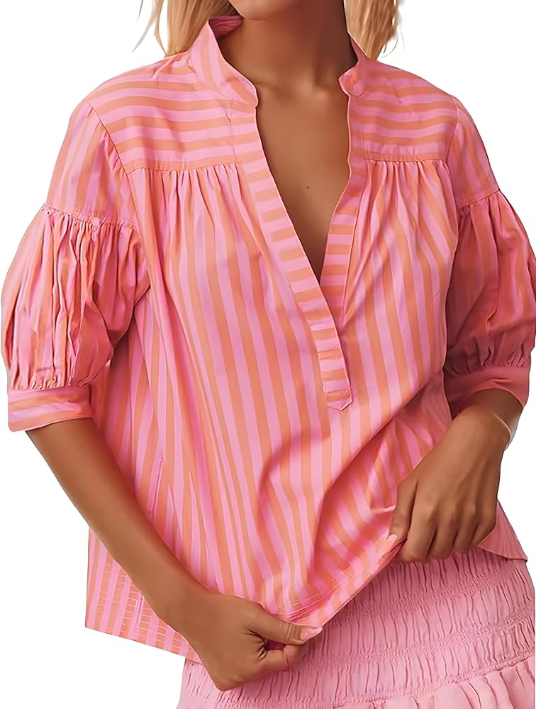 Women's Short Puff Sleeve Striped Blouses Tops of V Neck Loose Fit Casual Summer Shirt