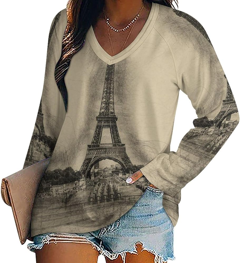 Romantic Eiffel Tower Paris Casual Womens T-Shirts V-Neck Basic Tee Tops Long Sleeve Loose Fit Blouses