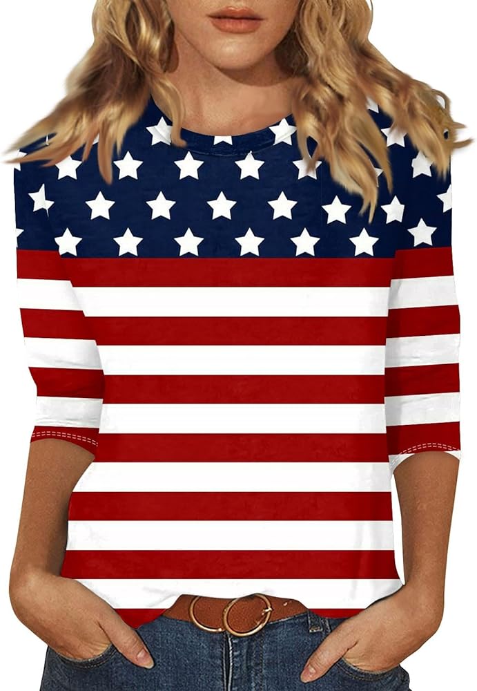 4th of July Outfits for Women,Women's Summer Casual 3/4 Sleeve Independence Day Crewneck Pullover Top Blouses