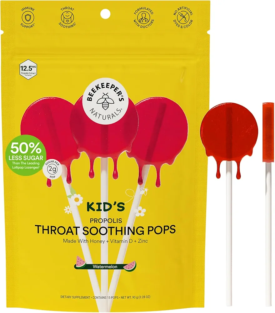 Beekeeper's Naturals Kids Throat Soothing Watermelon Lollipops Doctor Formulated Immune Support, Under 2g Sugar, Vitamin D & Honey, 15 ct