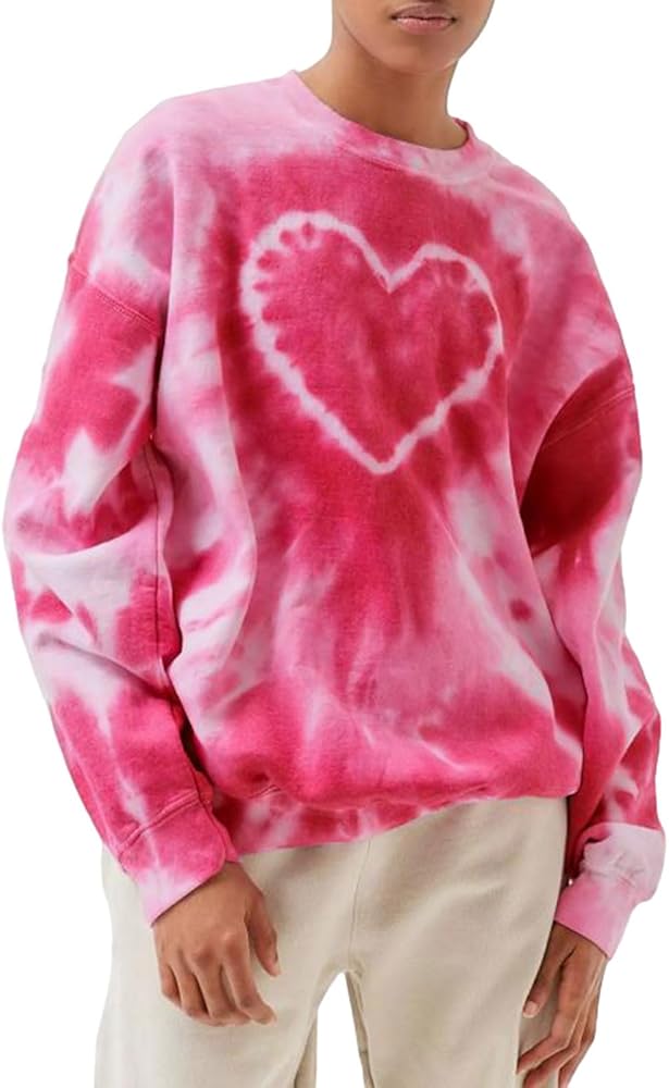 Bowanadacles Women's Heart Tie-dye Print Oversized Sweatshirt Long Sleeve Crewneck Pullover tops Valentine's Day Clothes