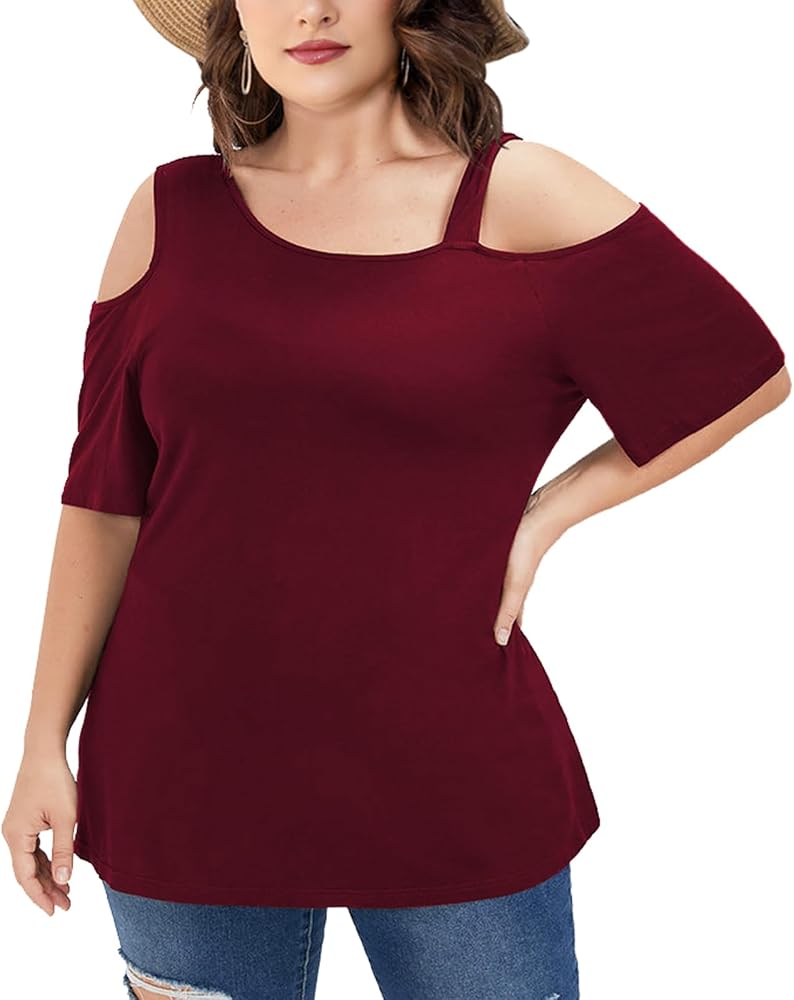 Women Tops Plus Size Cold Shoulder T Shirt Tunic Top Casual Summer Short Sleeve Blouses