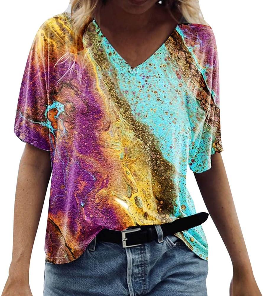 Tank Top for Women,Women Short Sleeve Casual Summer Watercolor Print Shirt Loose V Neck Top