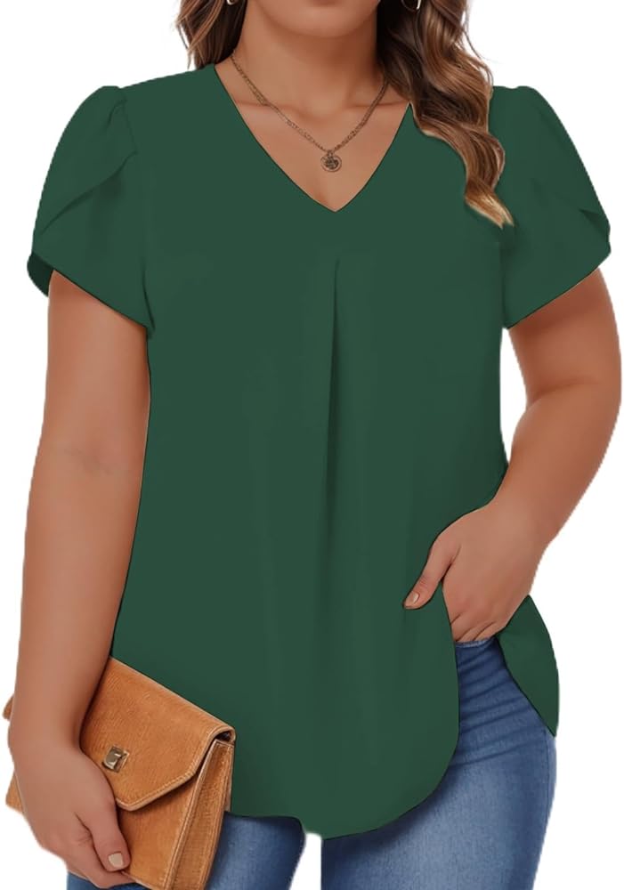 ROSRISS Plus-Size Summer Tops Petal Short Sleeve Shirts Casual V Neck Tuincs Chiffon Blouses