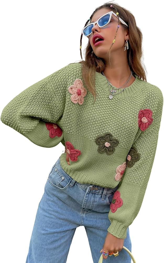 Womens Cropped Sweater Cute Crew Neck Long Sleeve Pullover College Y2K Crocheted Flower Chunky Knit Jumper Tops