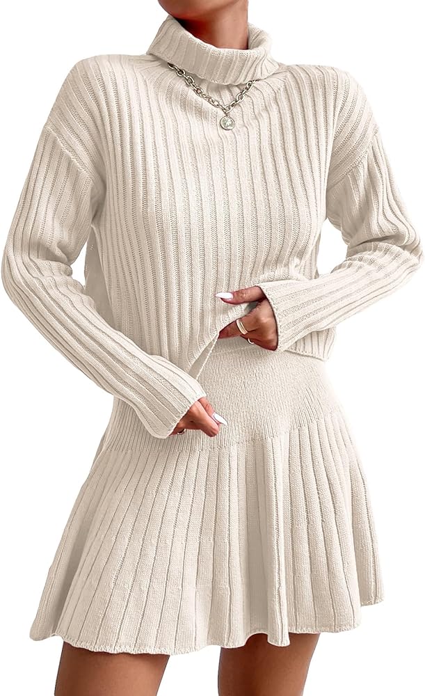 QWINEE Women's 2 Piece Long Sleeve Turtleneck Drop Shoulder Ribbed Knit Sweater and Skirt Sets