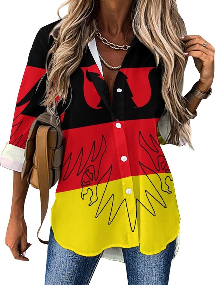 German Flag Classic Shirts for Women Long Sleeve Blouse Casual V Neck Tee Tops Work Office