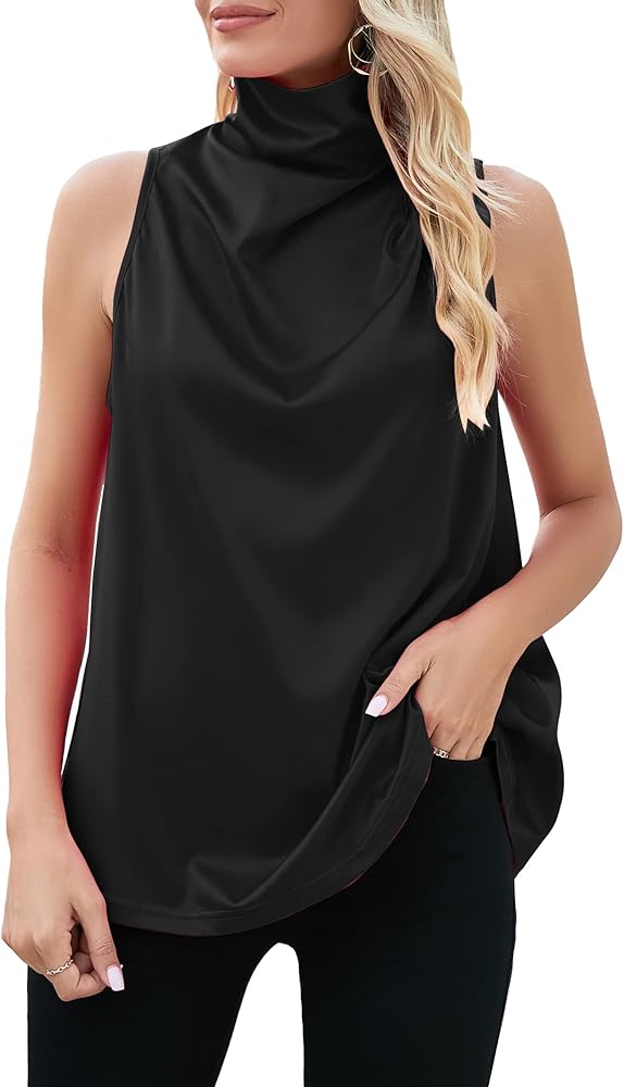 Famulily Womens Sexy Cowl Neck Sleeveless Tank Tops Ruched Satin Silky Cami Tops Basic Solid Color Tank Tops