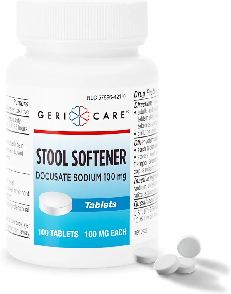 GeriCare Docusate Sodium Stool Softeners, Best Stool Softener for Daily use for Women, Men, and Elderly - Ideal for Constipation Relief 100mg Crushable Tablets. (100 Count) Made in The USA.