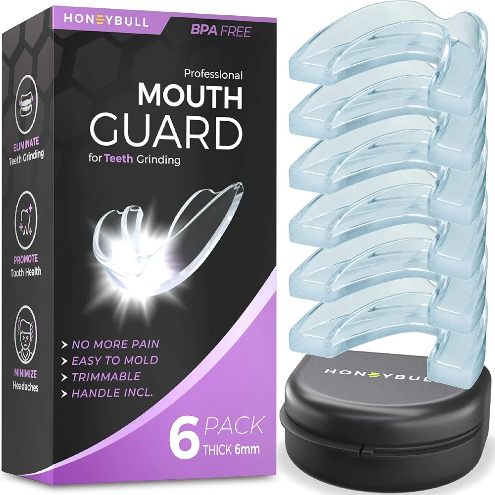 HONEYBULL Mouth Guard for Grinding Teeth [6 Pack - Thick] 1 Size for Heavy Grinding | Comfortable Custom Mouth Guard for Clenching Teeth at Night, Bruxism, Whitening Tray & Guard