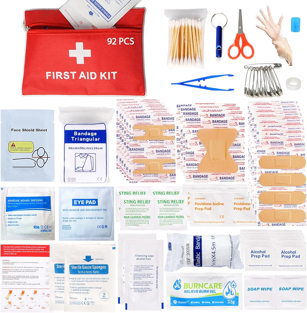 First Aid Kit - 92 Piece Mini Emergency Kits for Car, Basic Outdoor Essentials Survival Trauma Kit Bag, Small Travel Medicine Kit for Home, Sports, Boat, Vehicle, Office, Camping, Hiking