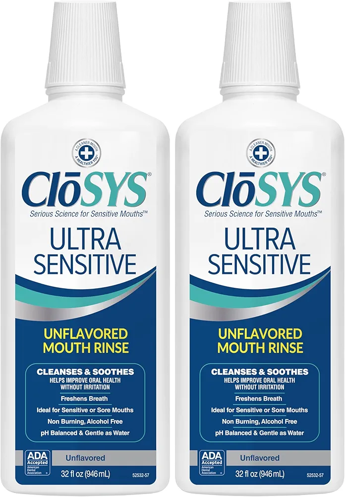 CloSYS Ultra Sensitive Mouthwash, Unflavored Alcohol Free, Dye Free, pH Balanced, Helps Soothe Entire Mouth – 32 Oz (Pack of 2)