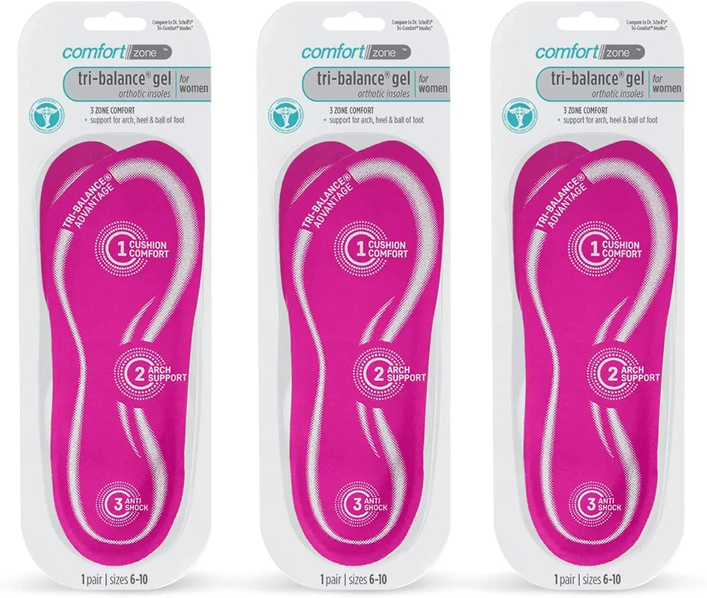 Comfort Zone Tri-Balance Gel Orthotic Insoles for Women, 3/4 Length Insoles, Sizes 6-10, 1 Pair (Pack of 3)