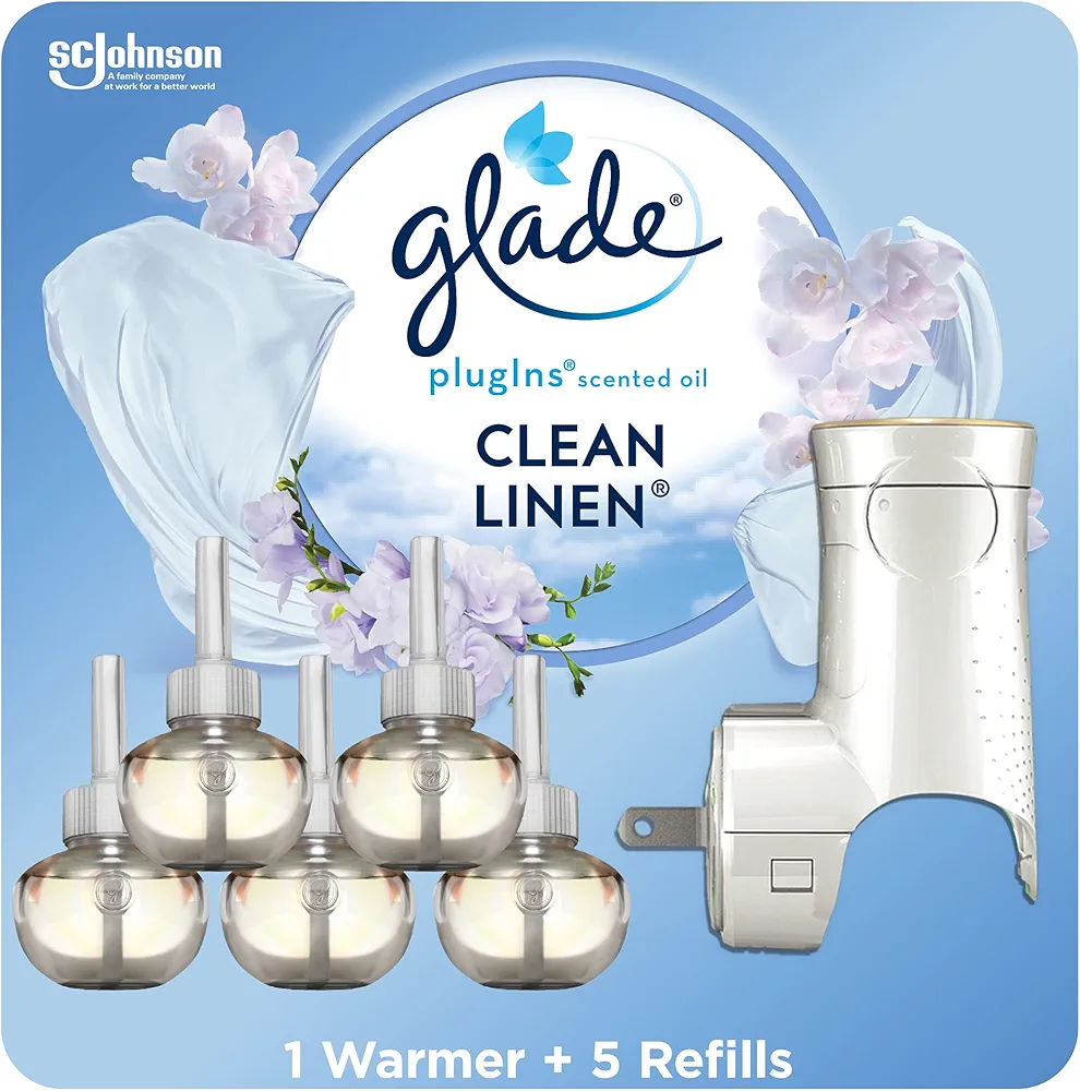 Glade PlugIns Refills Air Freshener Starter Kit, Scented and Essential Oils for Home and Bathroom, Clean Linen, 3.35 Fl Oz, 1 Warmer + 5 Refills