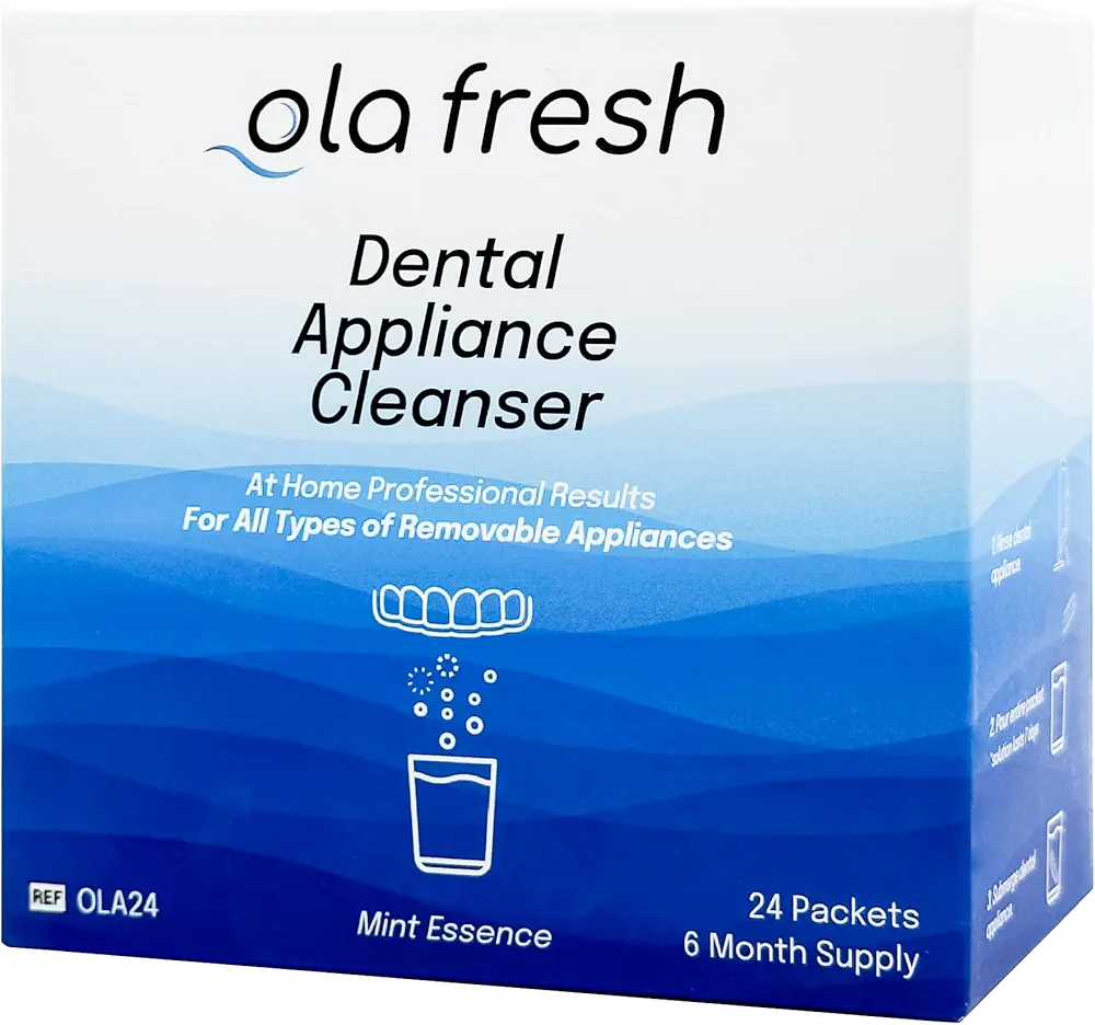 Ola Fresh Dental Appliance Cleanser, 24 Packets of Professional Strength Concentrated Cleaner Powder - Retainer Cleaner, Denture Cleaner and Night Guard Cleaner, Mint Essence Flavor (12 Month Supply)