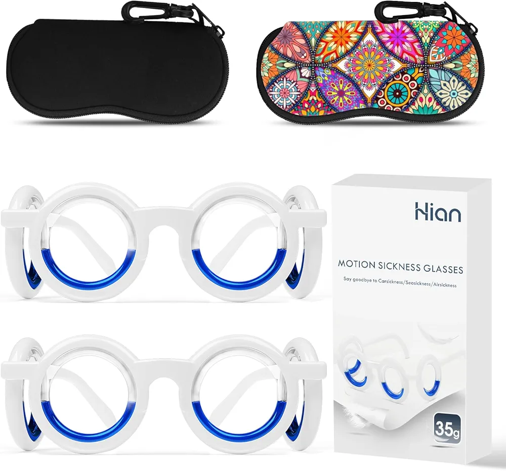 Hion Motion Sickness Glasses,Relieve Carsickness Airsickness Seasickness Glasses,Ultra-Light Portable Nausea Vertigo Glasses, No Lens Liquid Glasses for Adults or Kids(2Pairs)