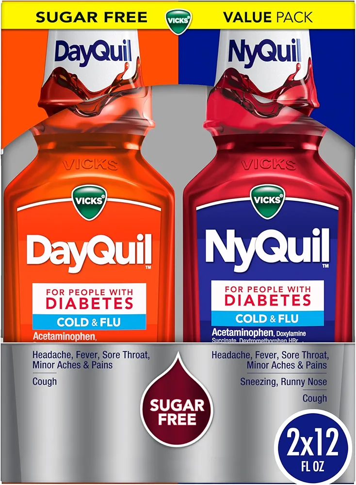 VICKS DayQuil & NyQuil Diabetes Cold & Flu Relief Medicine Co-Pack, Powerful Multi-Symptom Daytime & Nighttime Relief for Cold, Cough, and Flu Symptoms, Sugar & Alcohol Free, 2 x 12 FL OZ Bottles