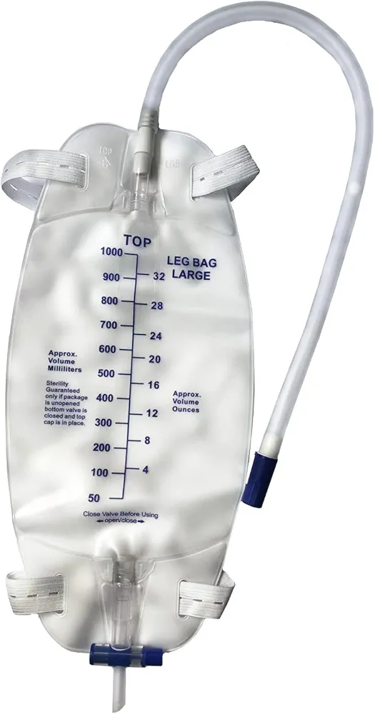 3 Pack Easy-Tap Leg Bag, Urinary Drainage Bag, 32 oz, 18" Tubing, Anti-Reflux Valve, Cloth Straps