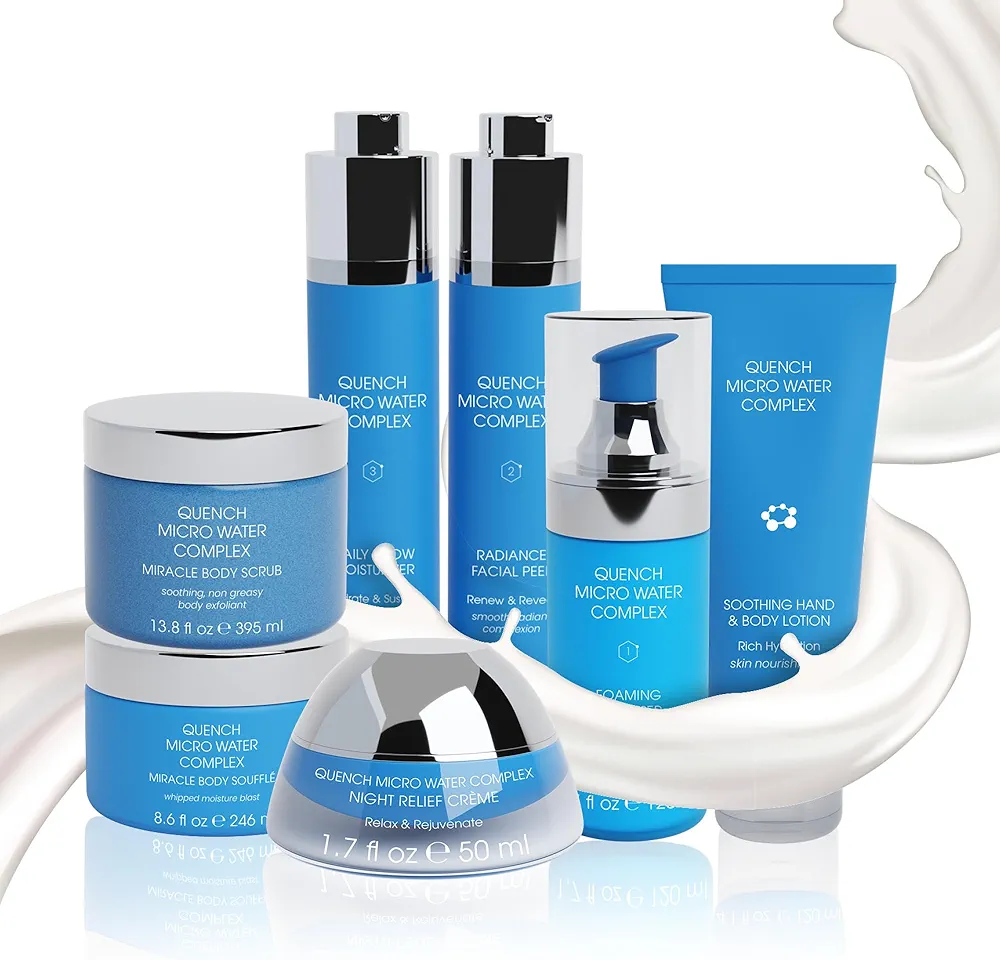 Quench 7 Piece Skincare Set - Japanese Onsen Volcanic Hydration and Anti Aging Skin Care Set with Cleanser, Facial Peel, Moisturizer, Night Cream