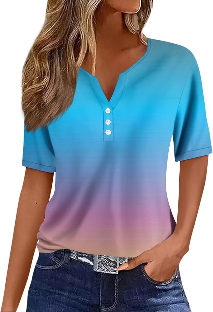 Women's Casual Tunic T Shirts Popular Summer Buttons V Neck Printing Short Sleeve Tops Relaxed Fit Cool Blouse