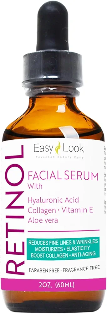 Retinol Serum for Face w/Hydrating Hyaluronic Acid, Collagen, Vitamin E and Aloe vera. Anti-Aging Facial Serum, Tighten Lift Hydrate & Plump All Skin Types, Reduce Fine Line & Wrinkles 2 Fl Oz