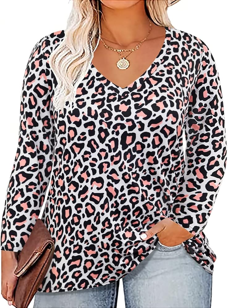 RITERA Plus Size Tops for Womens Leopard 3X Long Sleeve V Neck Shirts Winter Loose Fit Sweatshirts Fall Blouses Tee Shirts Oversized Cheetah Animal Print Henley Shirt 3XL 22W 24W