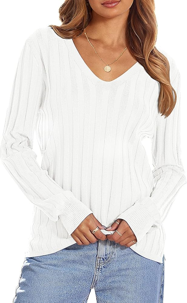 MEROKEETY Women's 2024 Fall V Neck Sweater Long Sleeve Ribbed Knit Casual Slim Fitted Pullover Top