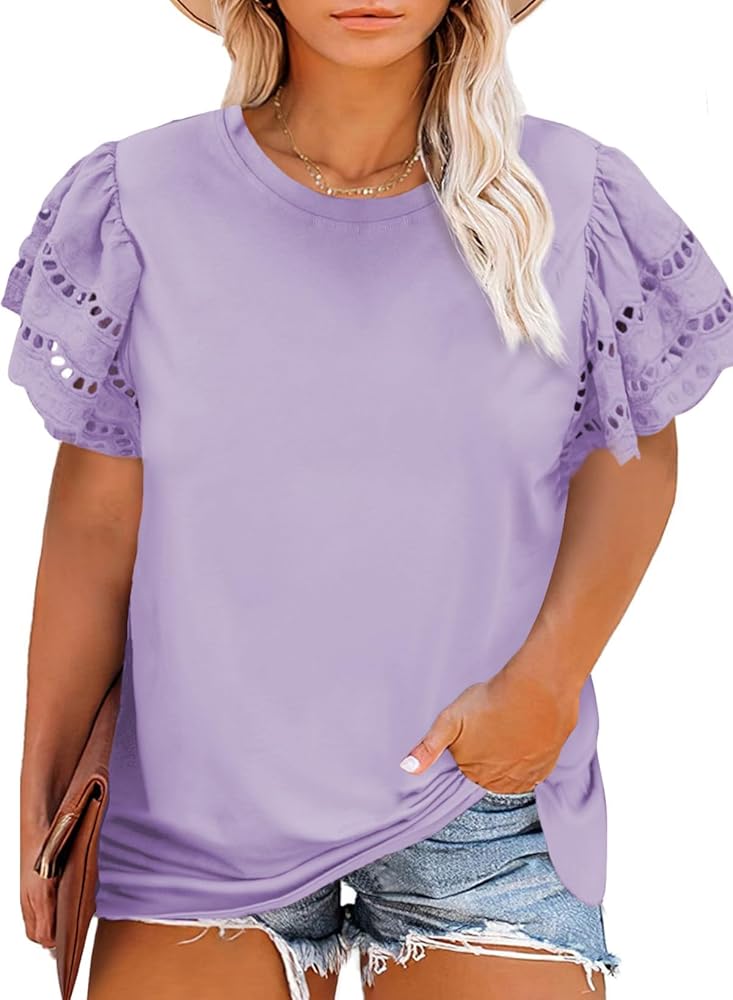 Eytino Womens Plus Size Tops Short Sleeve Round Neck Hollow Out Casual Loose Tunic Tees Shirts(1X-5X)