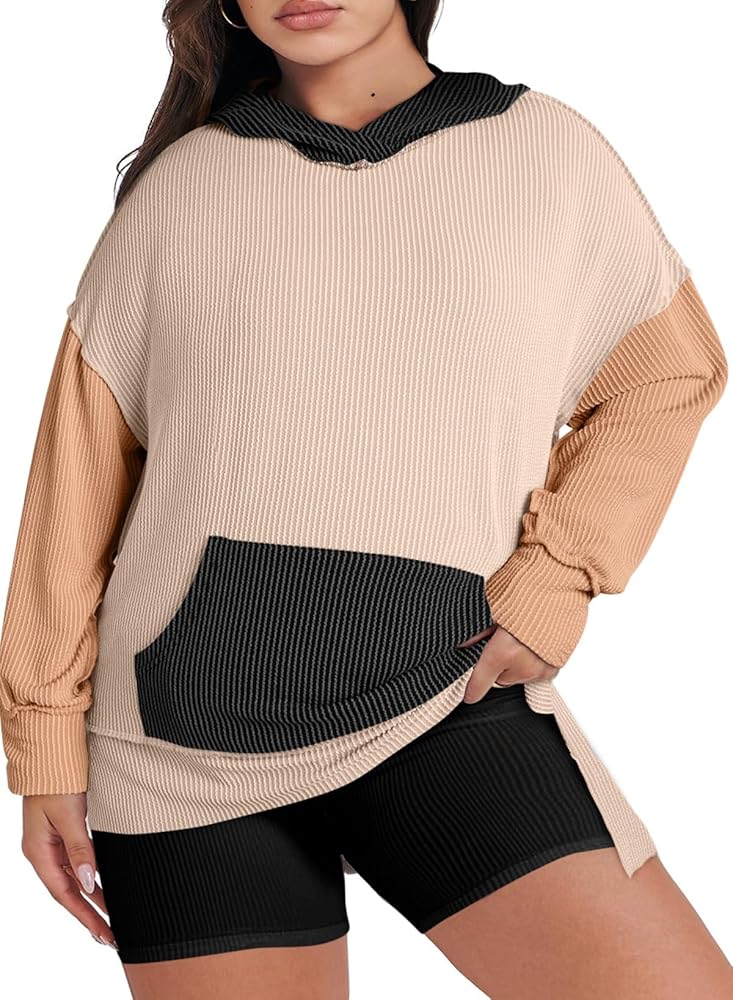 Eytino Womens Plus Size Hoodies Color Block Long Sleeve Sweatshirt Pullover Tops Fall Clothes with Pocket(1X-5X)