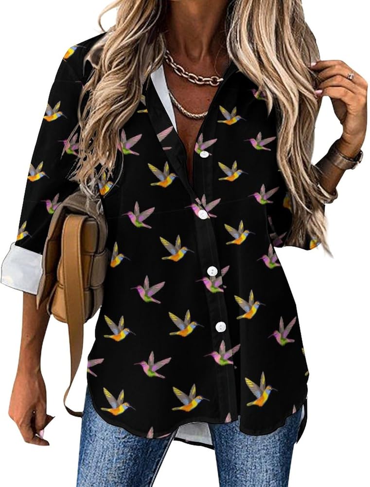 Hummingbird Embroidery Blouses for Women Hawaiian Button Down Long Sleeve Shirts Tees Tops