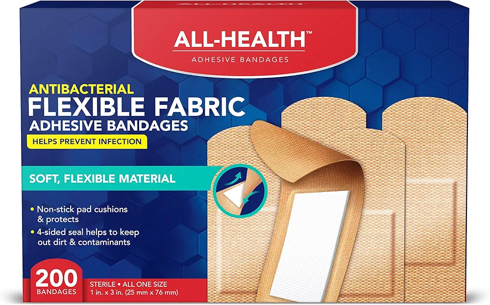 All Health Antibacterial Fabric Adhesive Bandages, 1 in x 3 in, 200 ct | Helps Prevent Infection, Flexible Protection for First Aid and Wound Care