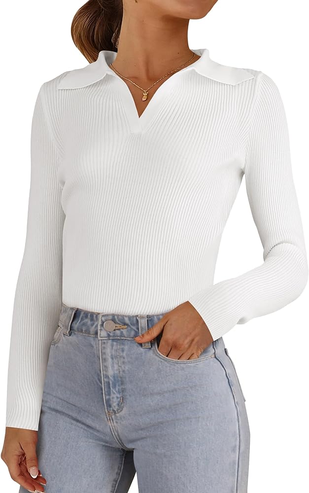 ANRABESS Women's 2024 Fall V Neck Shirts Long Sleeve Ribbed Knit Sweater Lapel Slim Fitted Casual Basic Tee Tops