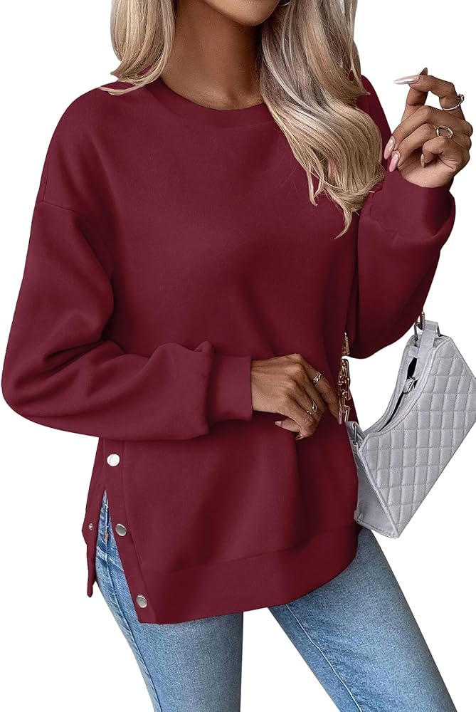 AGSEEM Oversized Sweatshirts for Women Crewneck Long Sleeve Pullover Tops Side Slit Fall