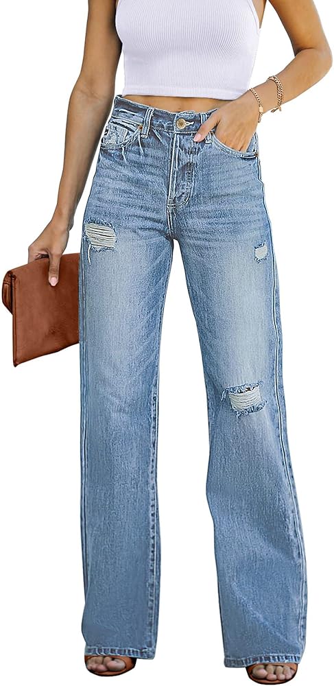 Utyful Women's High Waist Relaxed Fit Ripped Jeans Stretchy Flare Jeans Denim Pants