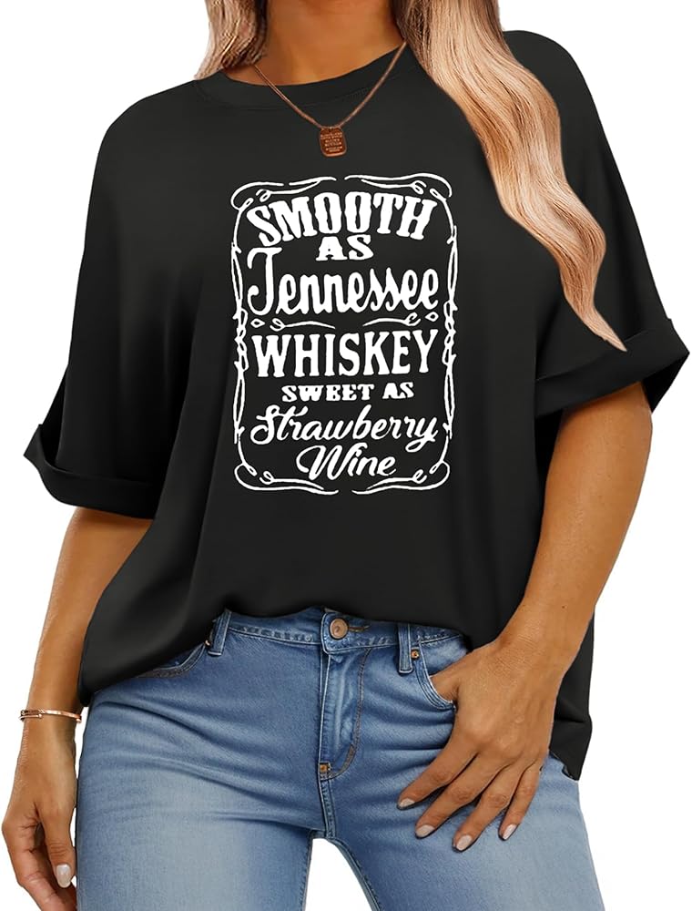 IN'VOLAND Women's Plus Size T Shirts Oversized Tees Summer Half Sleeve Crew Neck Whiskey Graphic Tunic Tops Basic Top