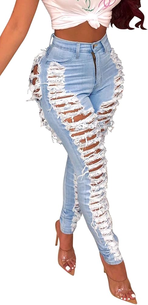 Women's Skinny Ripped Jeans Stretch Destroyed Mid High Waist Denim Pants