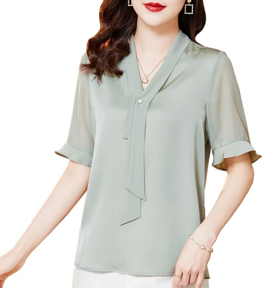 Women's Silk T-Shirt,Female Summer Loose Short Sleeve V-Neck Mulberry Silk Tops, Lady Girl's Solid Color Blouse