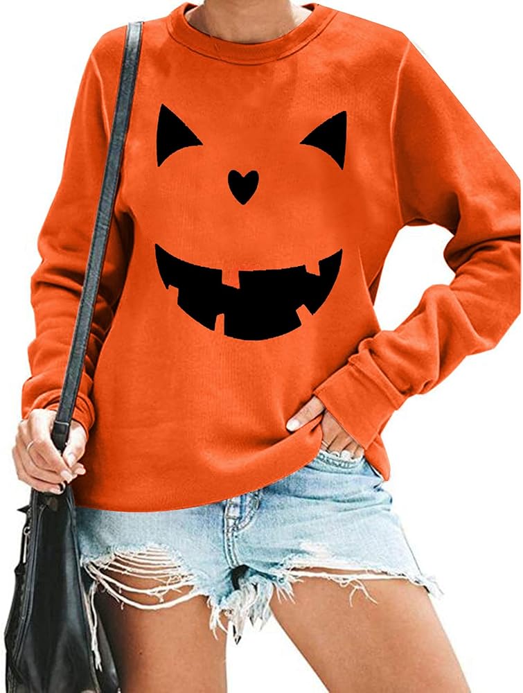 Women's Halloween Pumpkin Face Long Sleeve Sweatshirts Lightweight Casual Pullover Tops