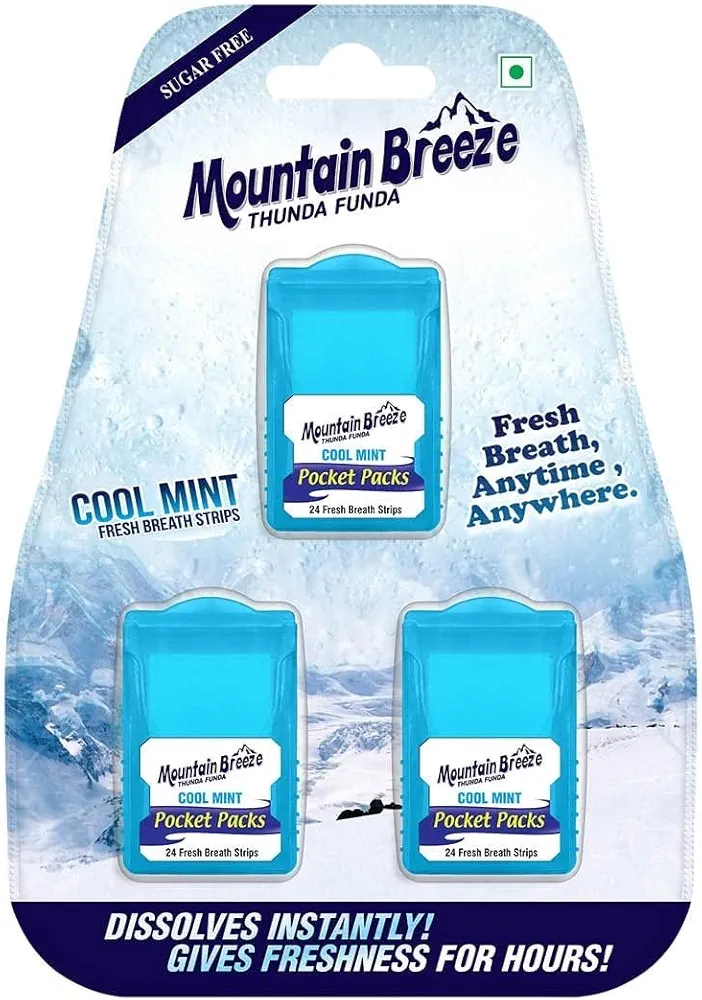 Mountain Breeze Oral Hygiene Mouth Freshener Sugar Free Cool Mint Flavoured Breath Strips (24 Strips each Cassatte)-Pack of 1(3 Cassette) NEW