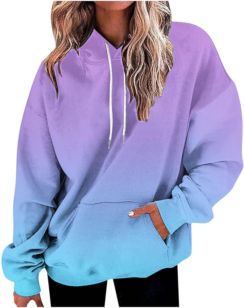 Tie Dye Gradient Oversized Sweatshirt for Women Teen Girls Trendy Crew Neck Drawstring Hoodies Long Sleeve Fall Tops