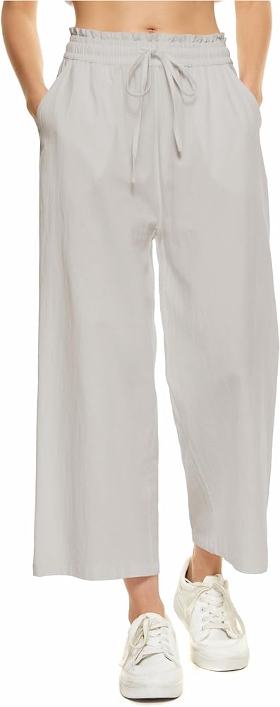 LNX Womens Wide Leg Linen Pants High Waisted Drawstring 100% Linen Flowy Crop Trousers with Pockets